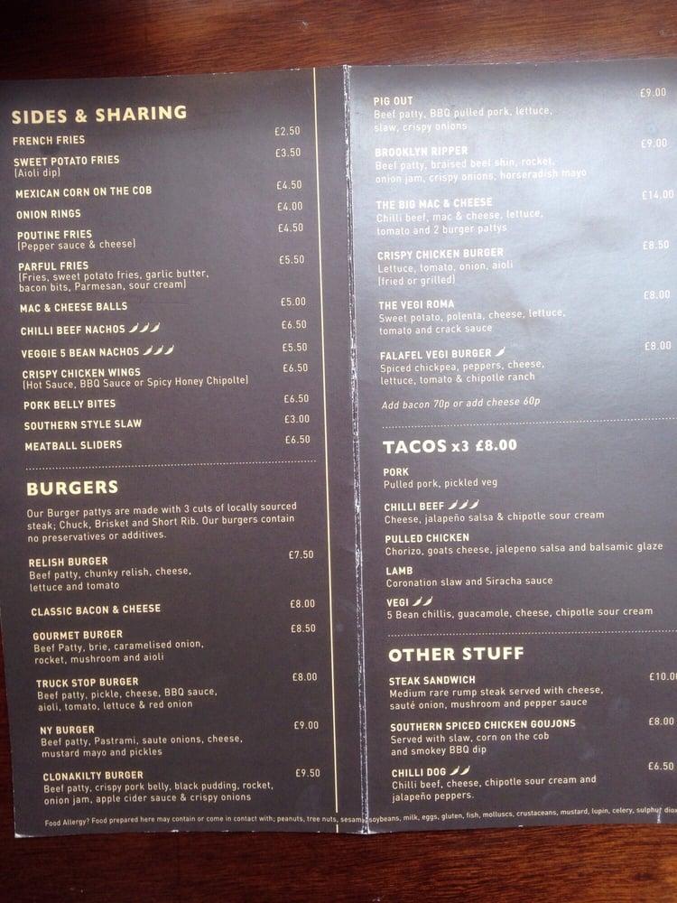 Menu at Bootleggers pub & bar, Belfast