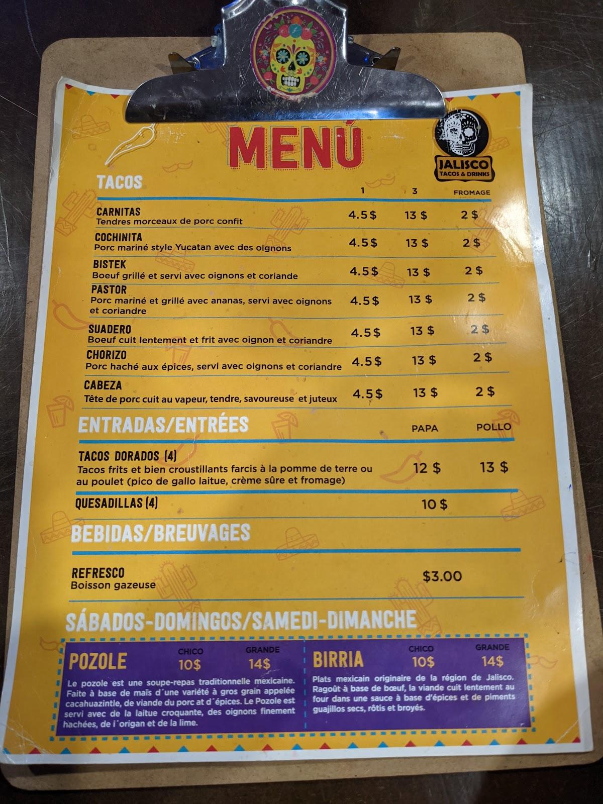 Menu at Jalisco Tacos & Drinks restaurant, Québec City