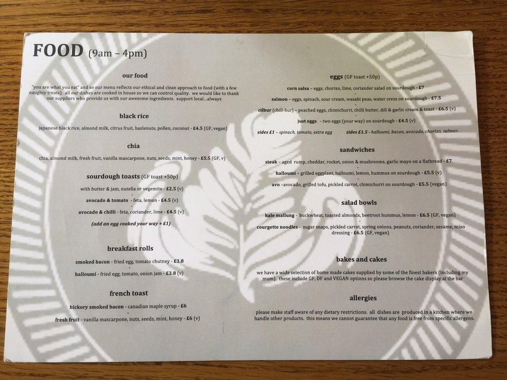 Menu at Papercup Coffee Company cafe, Glasgow, 603 Great Western Rd