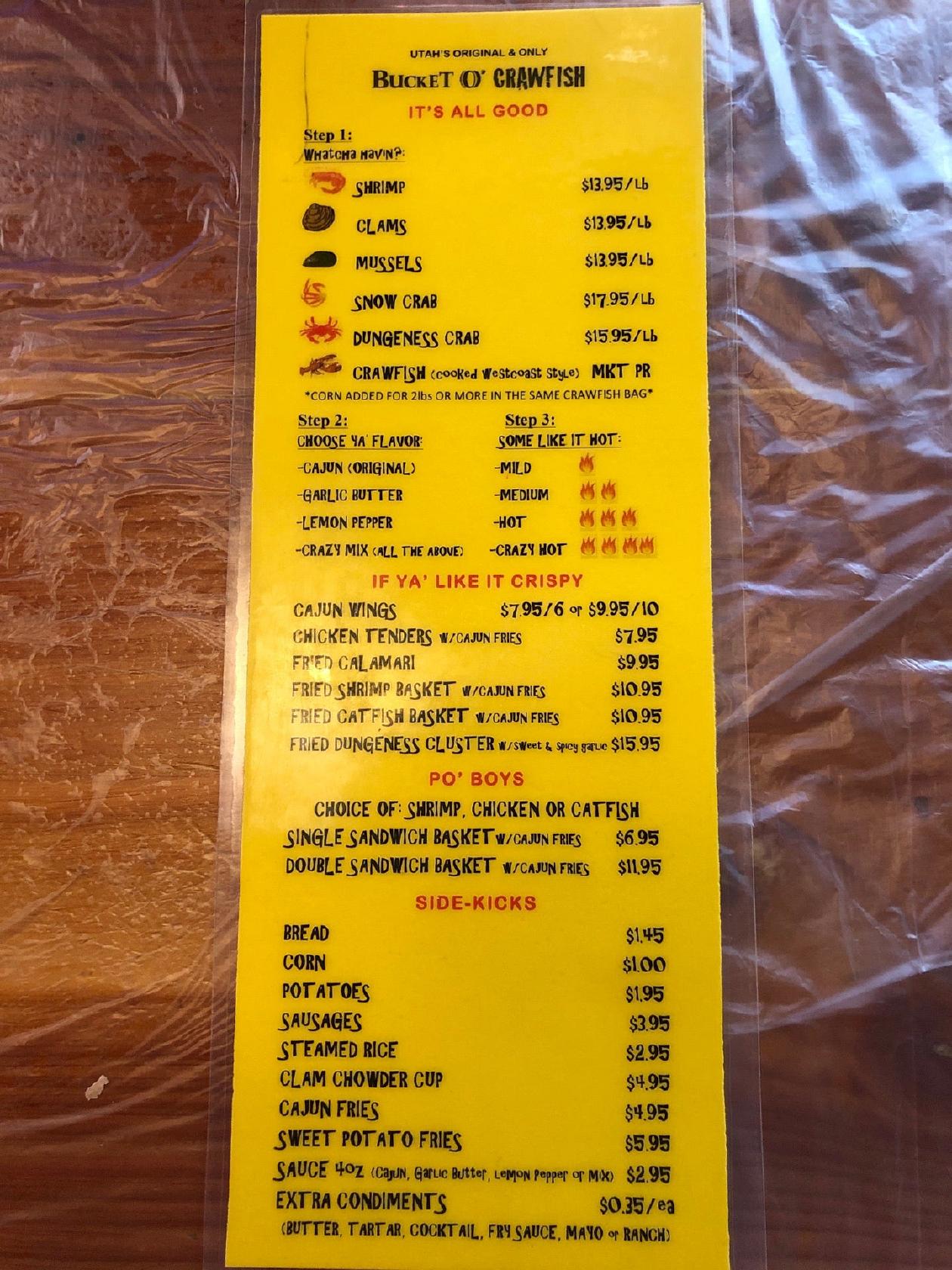 Menu at Bucket O' Crawfish restaurant, West Valley City