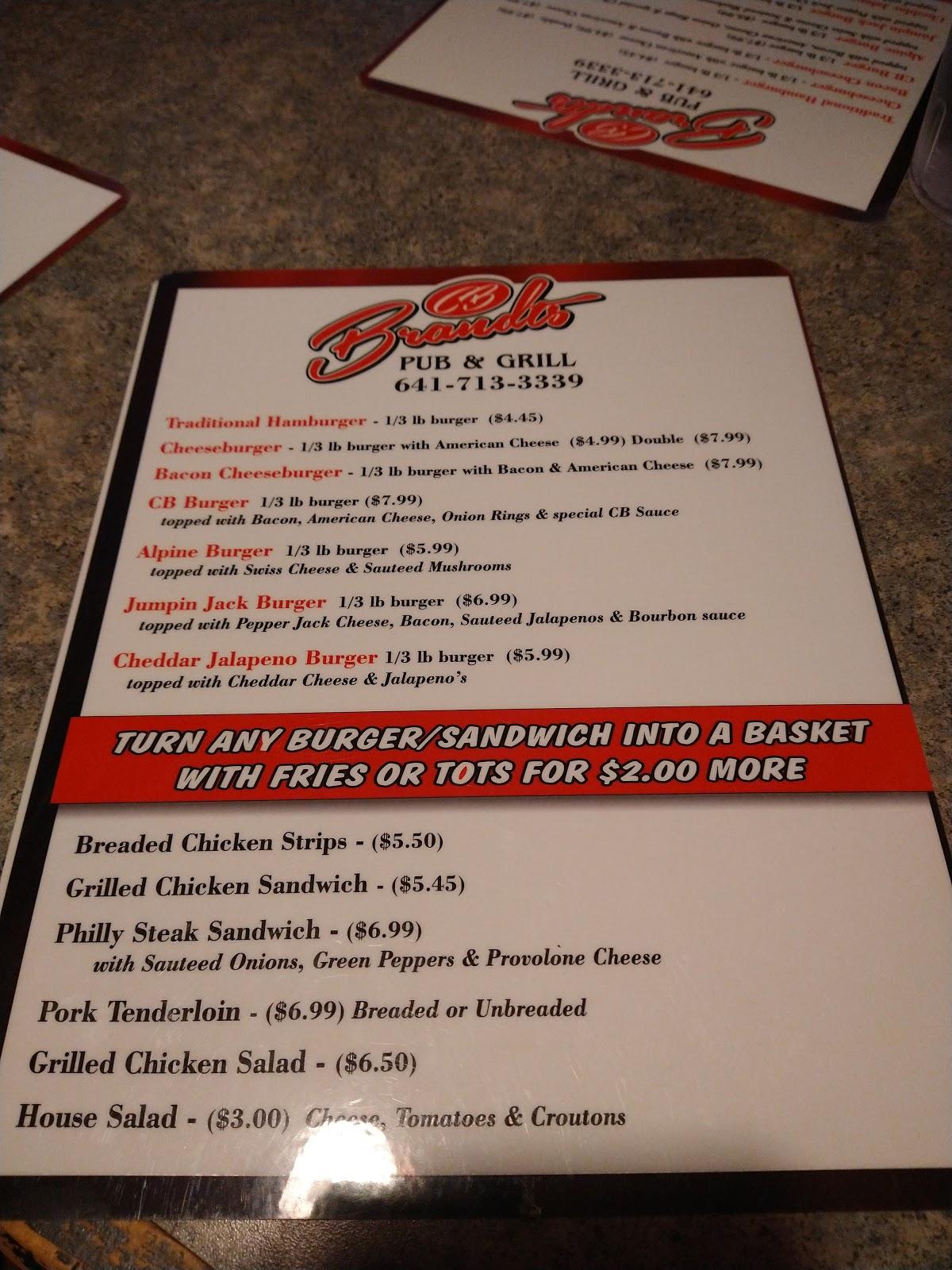 Menu at CB Brandt's pub & bar, Saint Ansgar