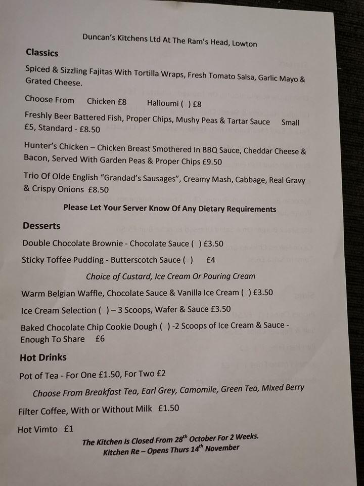 Menu at The Rams Head pub & bar, Warrington, 429 Slag Ln