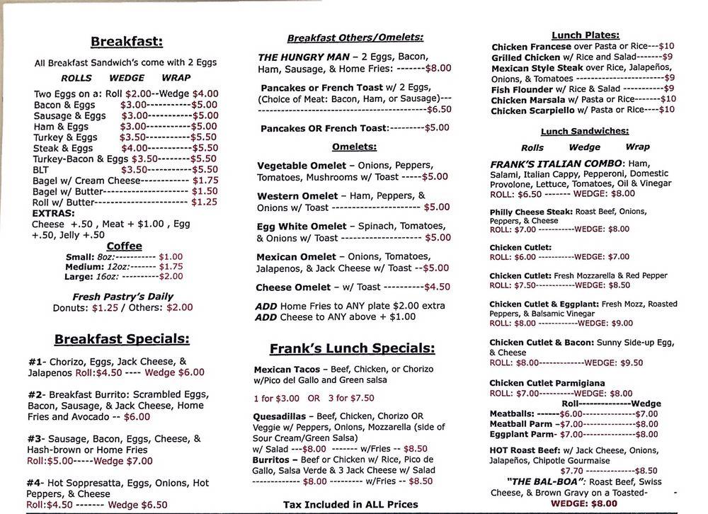 Menu at Frank's Deli, Mount Vernon