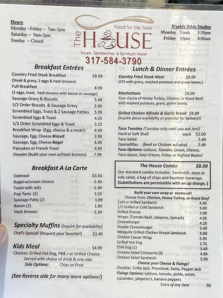 Menu at The House cafe, Mooresville