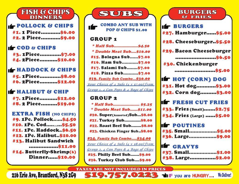 Menu at Archie's Fish and Chips restaurant, Brantford