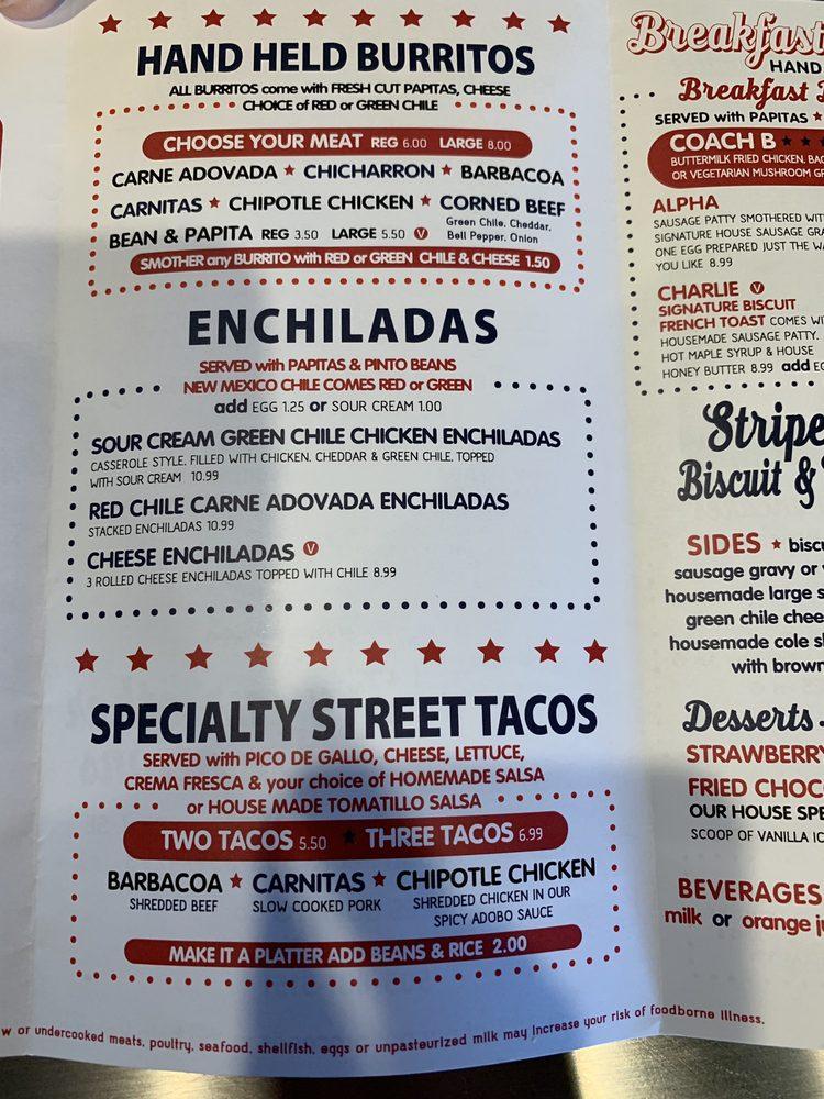 Menu at Stripes Biscuits & Burritos restaurant, Albuquerque