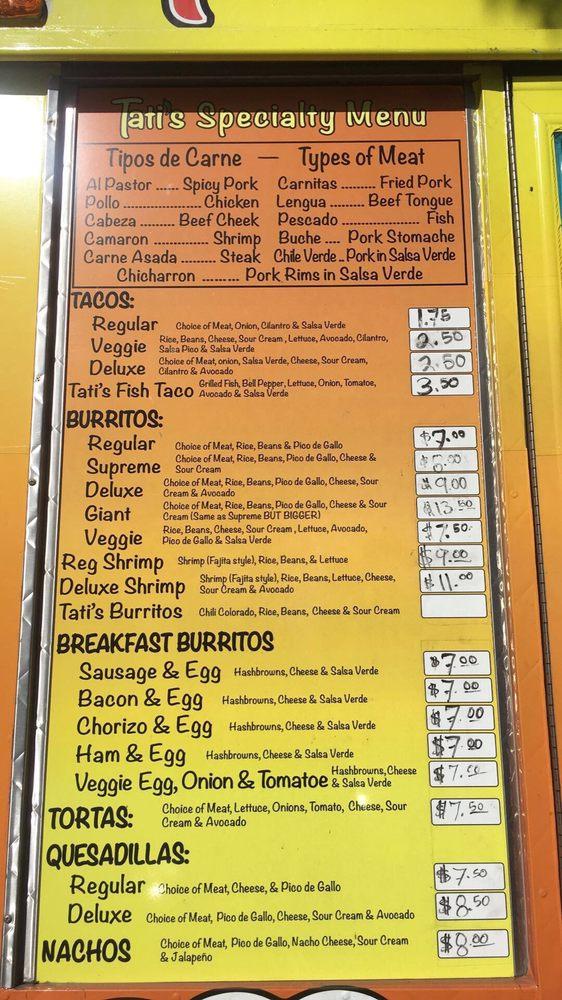 Menu at Tati's Mexican Food Truck restaurant, Oakland, W Grand Ave