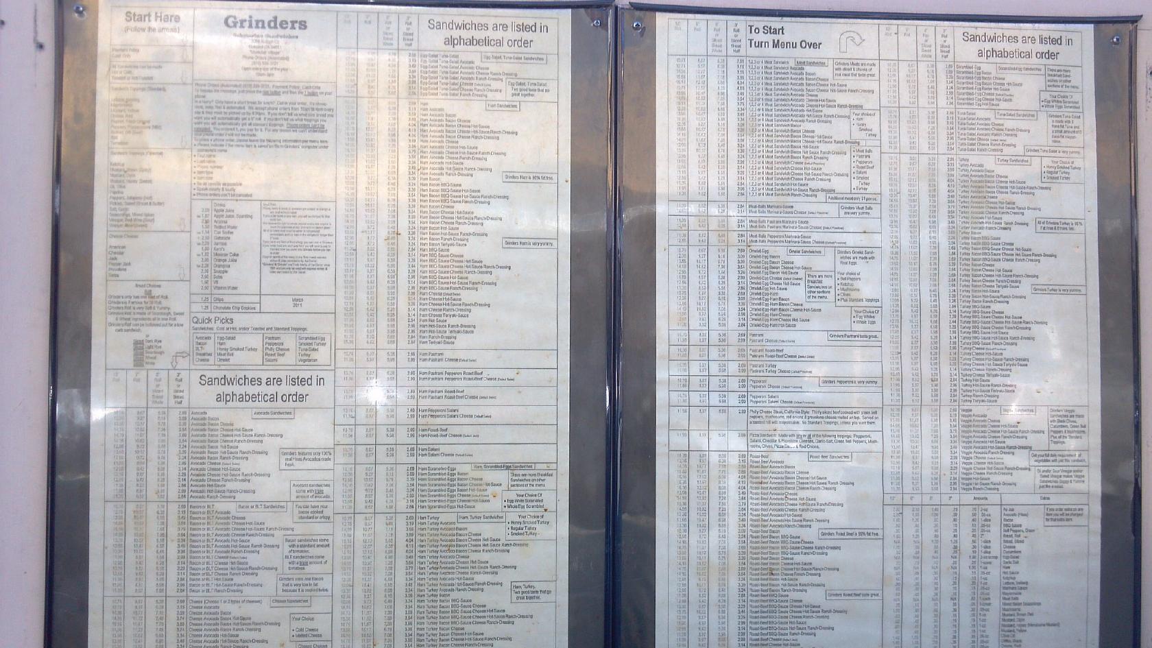 Menu at Grinders Submarine Sandwiches, Oakland