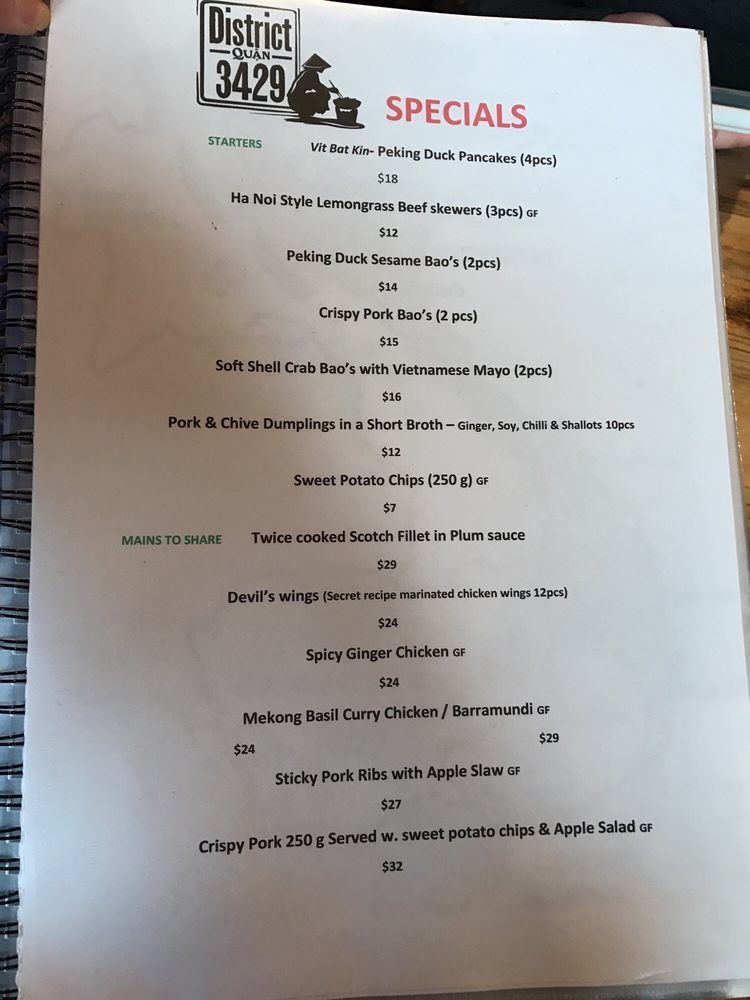 Menu at District 3429 Vietnamese Restaurant, Sunbury, 91 Oshanassy St