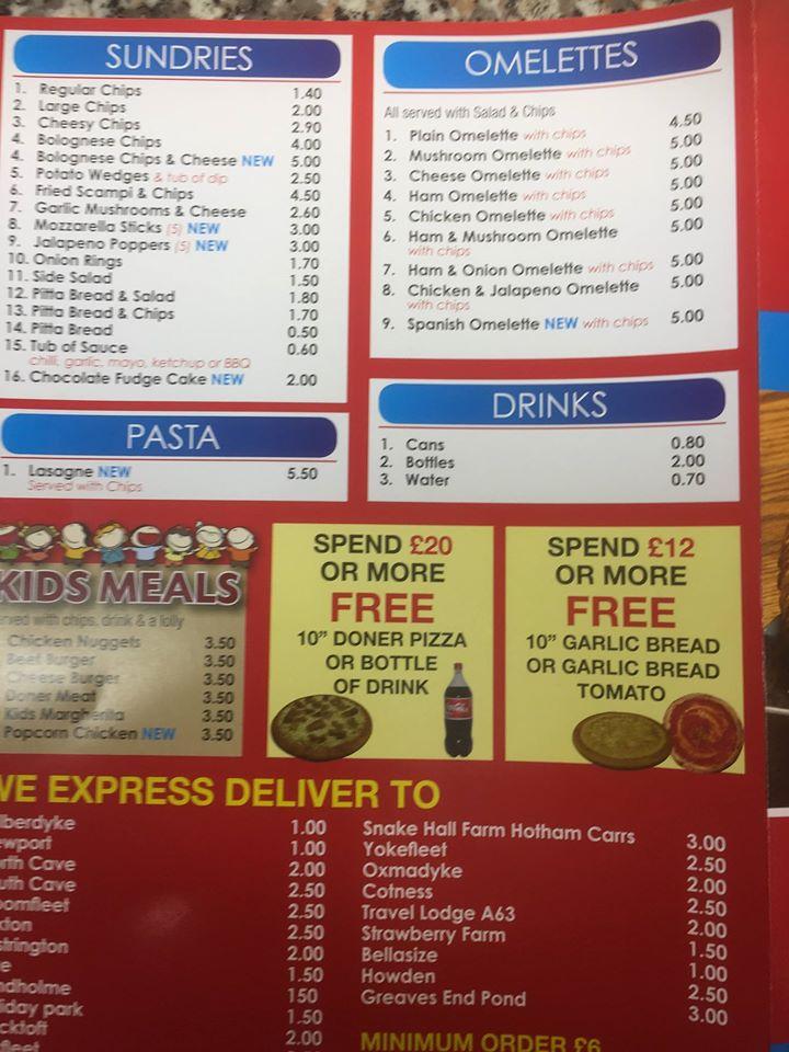 Menu at Pizza Place Gilberdyke pizzeria, Gilberdyke