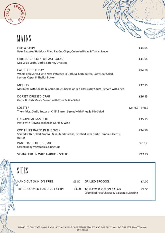 Menu at Crab at Bournemouth restaurant, Bournemouth