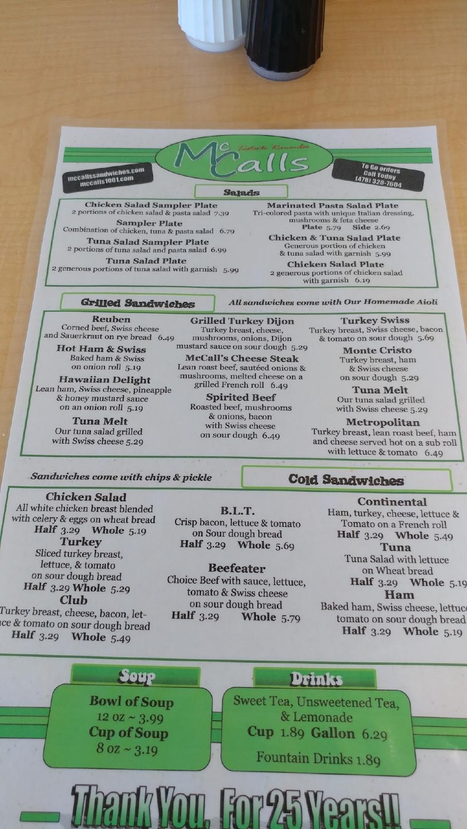 Carta del café McCall's Sandwiches Tastes to Remember, Warner Robins