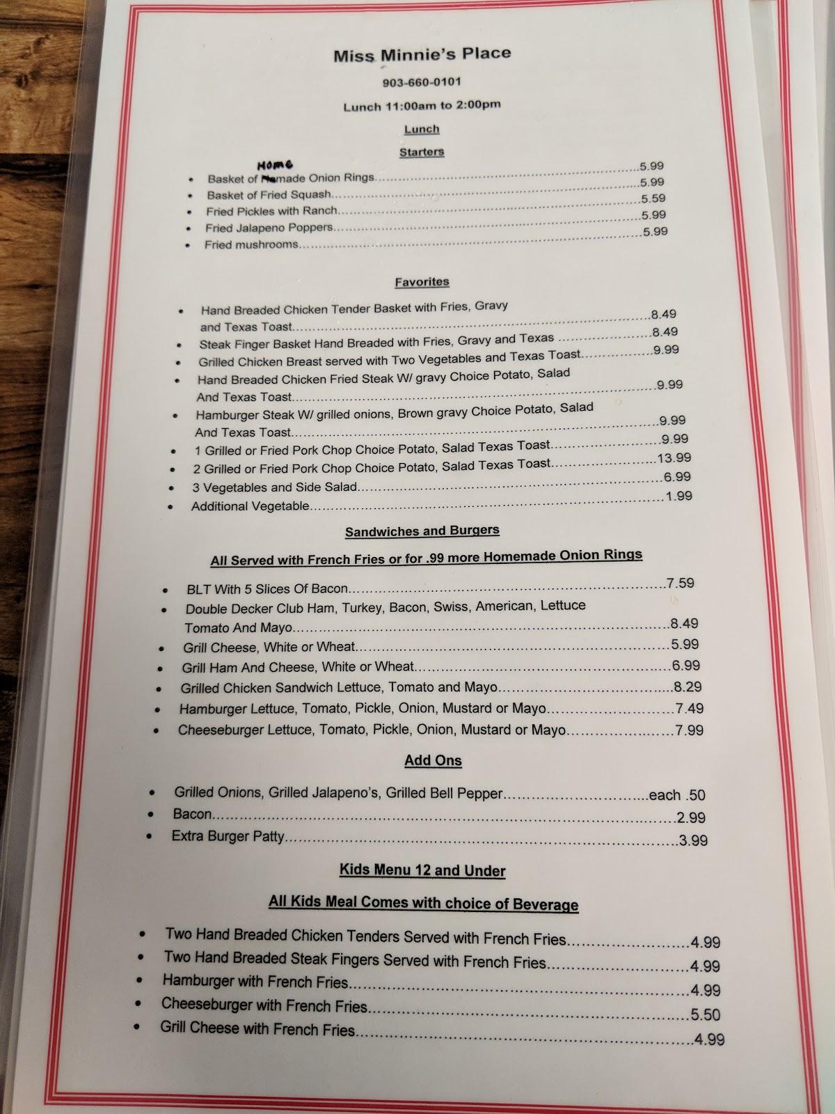 Menu at Miss Minnie's Place restaurant, Hallsville