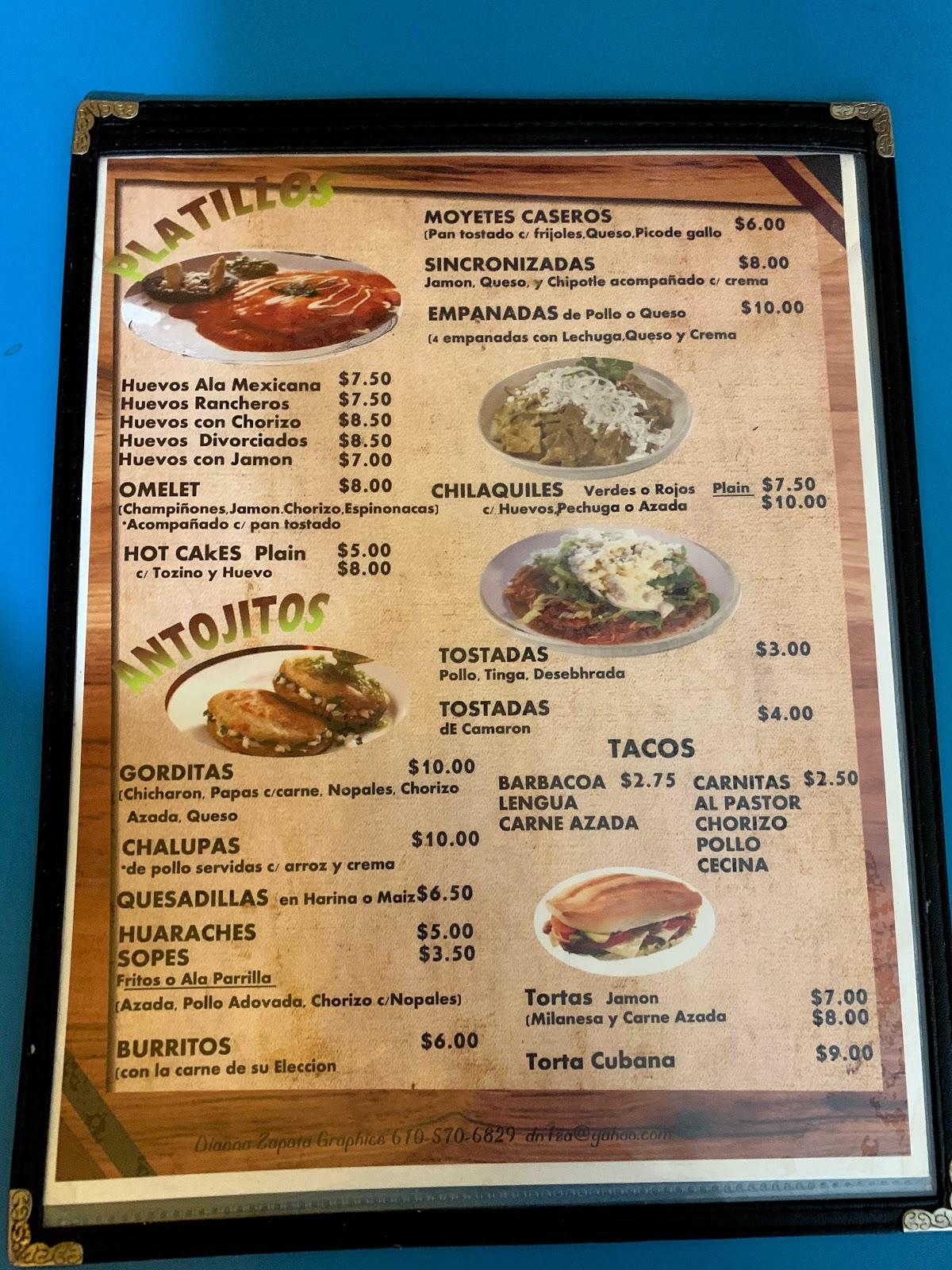 Menu at Nataly's Mexican food restaurant, Norristown