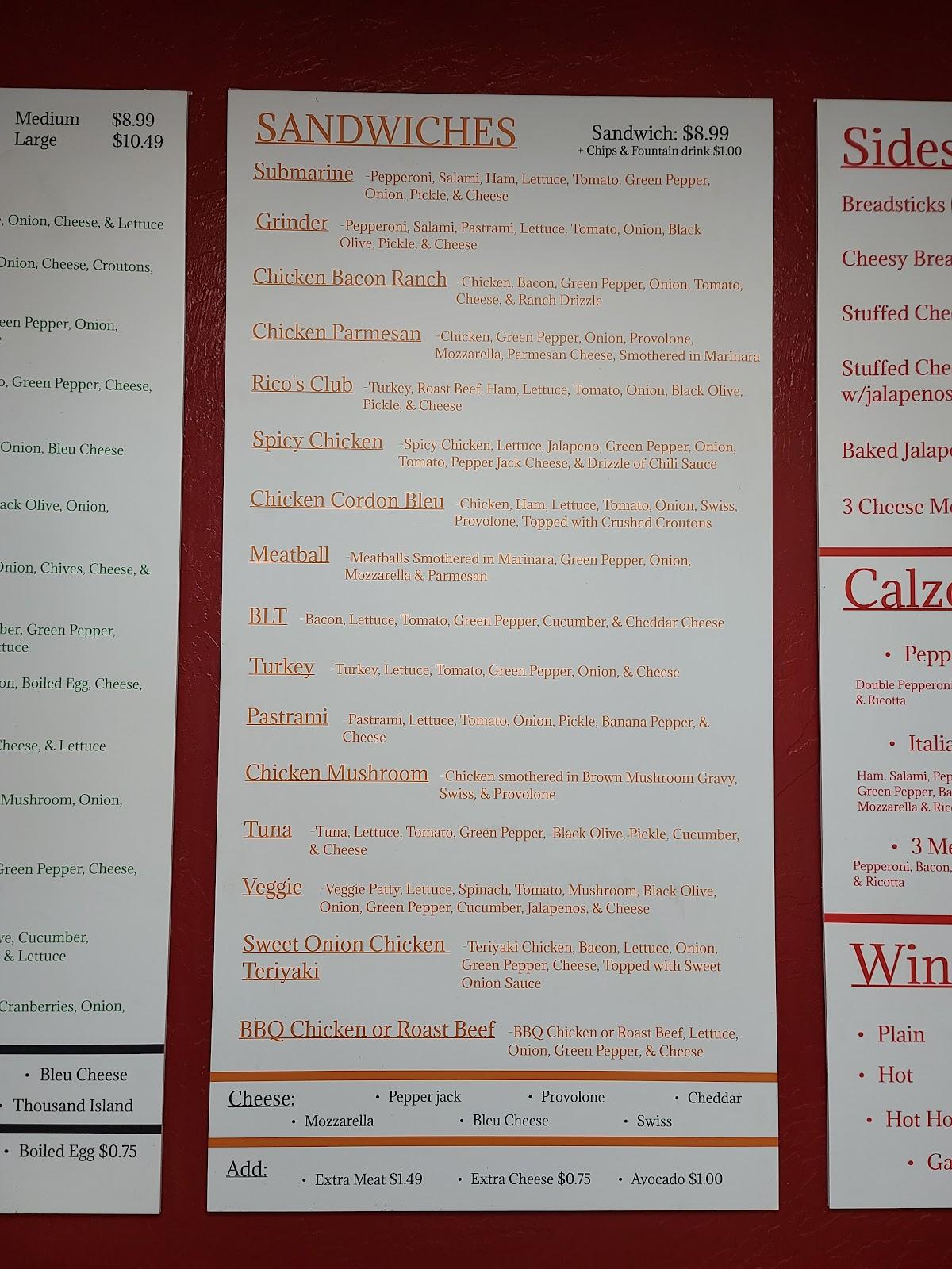 Menu at Rico's Pizza pizzeria, Yuba City