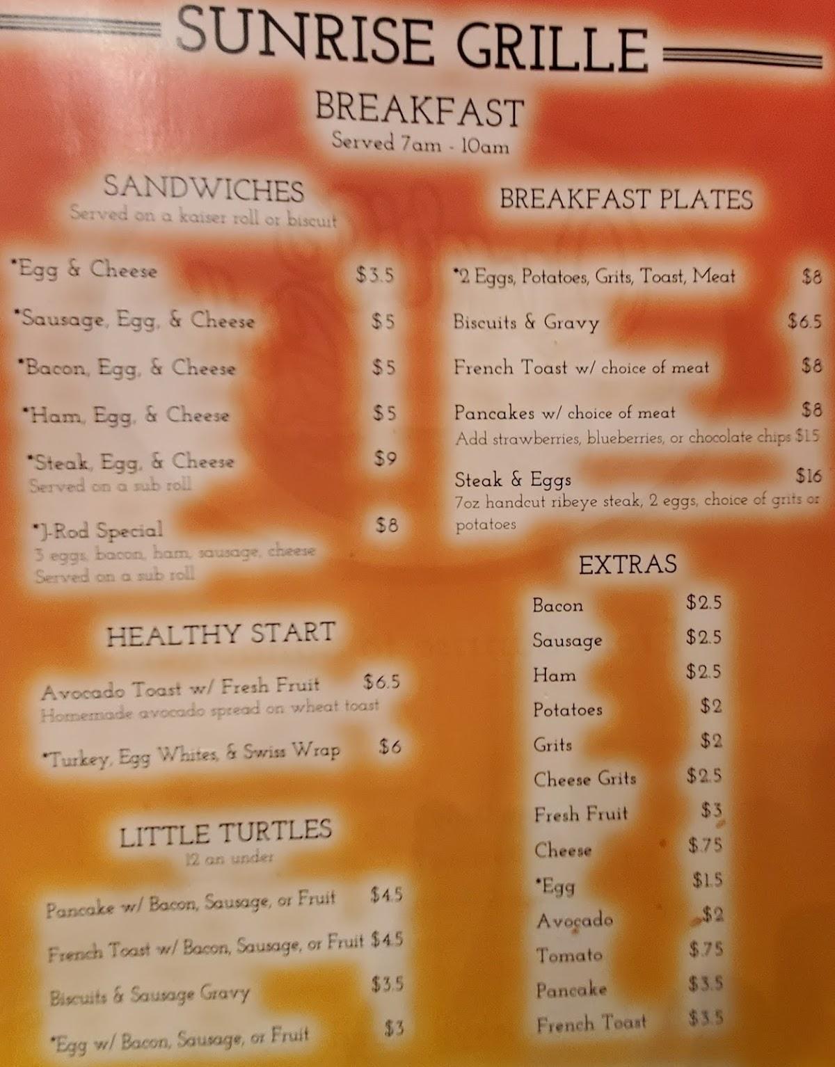Menu at Sunrise Grille restaurant, Jekyll Island