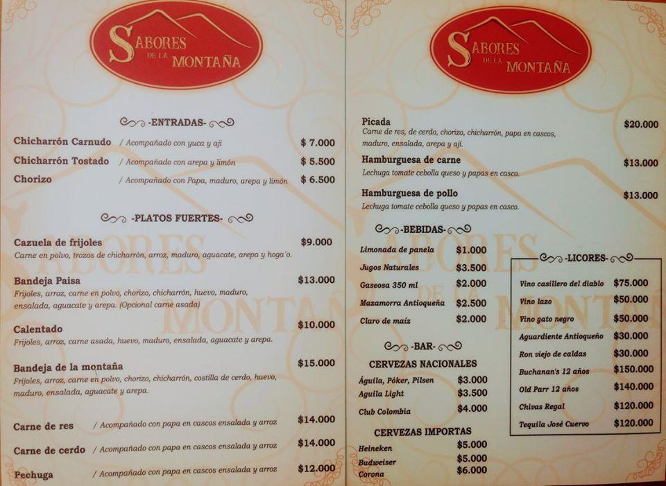 Menu at Sabores de la Montaña restaurant, Pamplona