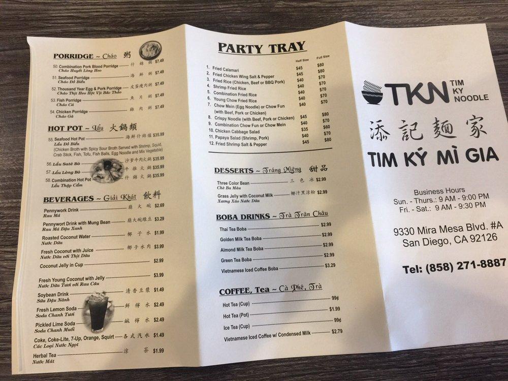 Menu at Tim Ky Noodle restaurant, San Diego