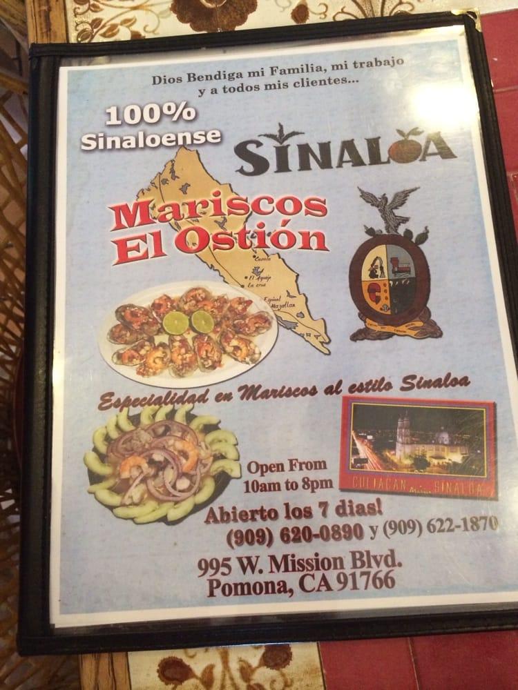 Menu at Mariscos El Ostion restaurant, Pomona