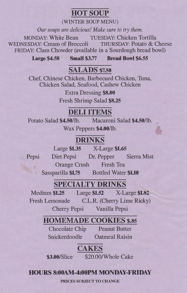 Menu at Sub Shop & Deli restaurant, Madera