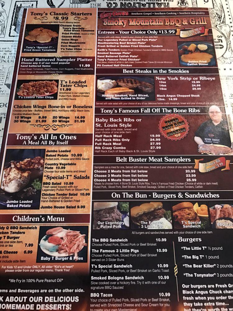 Menu at Tony Gore's Smoky Mountain BBQ & Grill, Sevierville