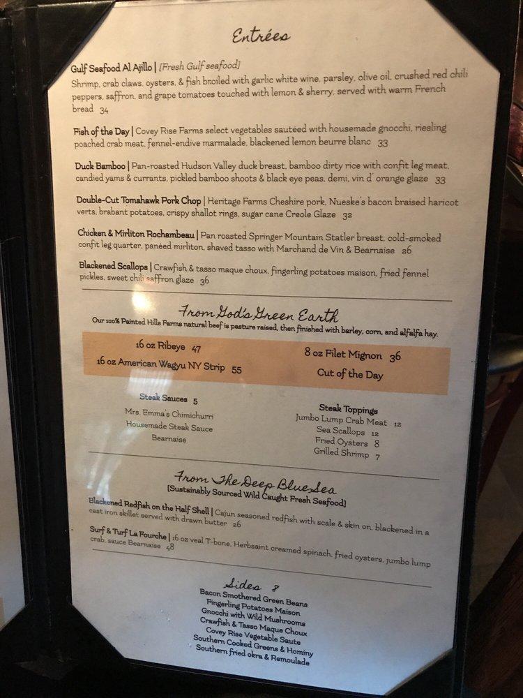 Menu at Restaurant Rebirth, New Orleans