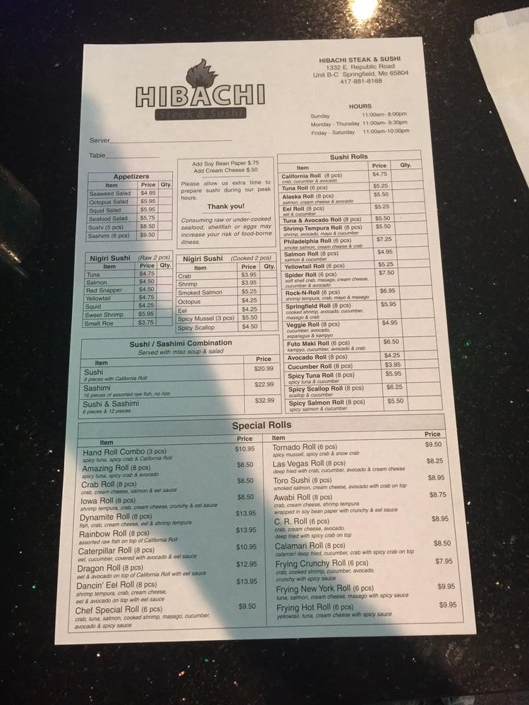 Menu at Hibachi restaurant, Springfield, E Republic Rd