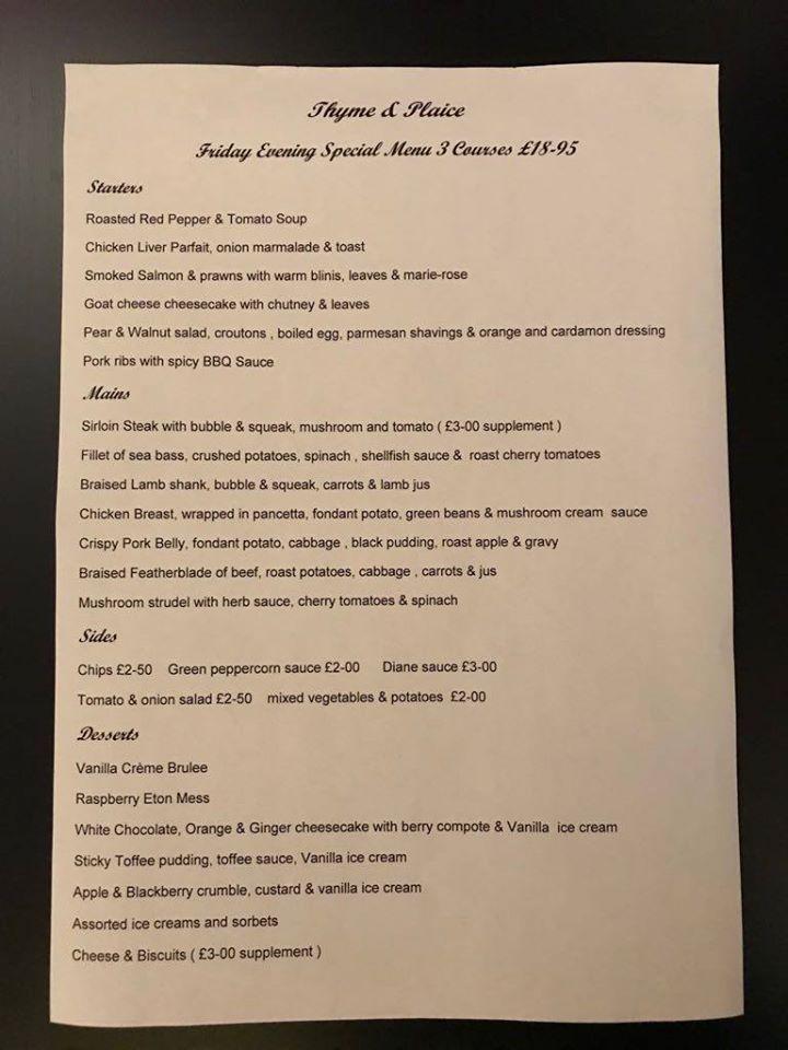 Menu at The Thyme & Plaice restaurant, Chorley