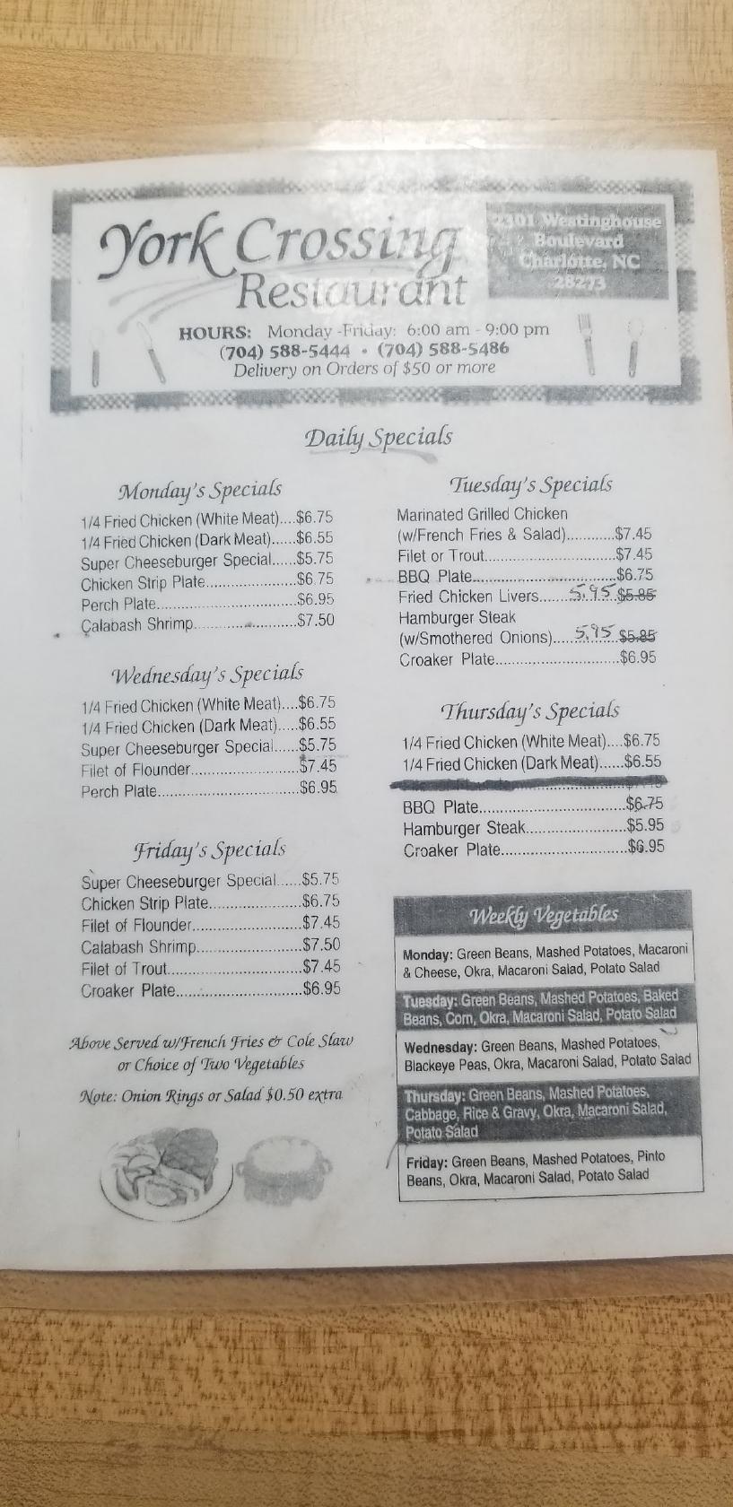 Menu at York Crossing Restaurant, Charlotte
