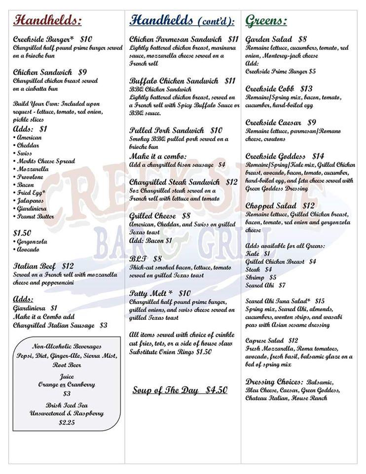 Menu at Creekside Bar & Grill, Michigan City