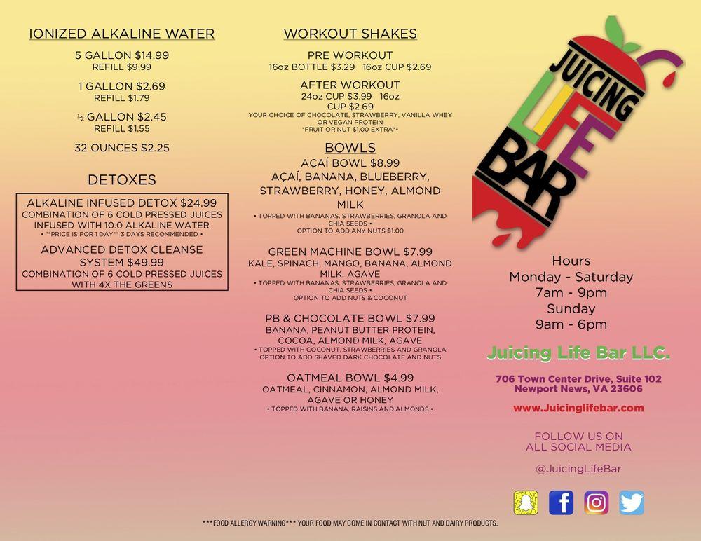 Carta de Juicing LIFE Bar & Cafe´, Newport News