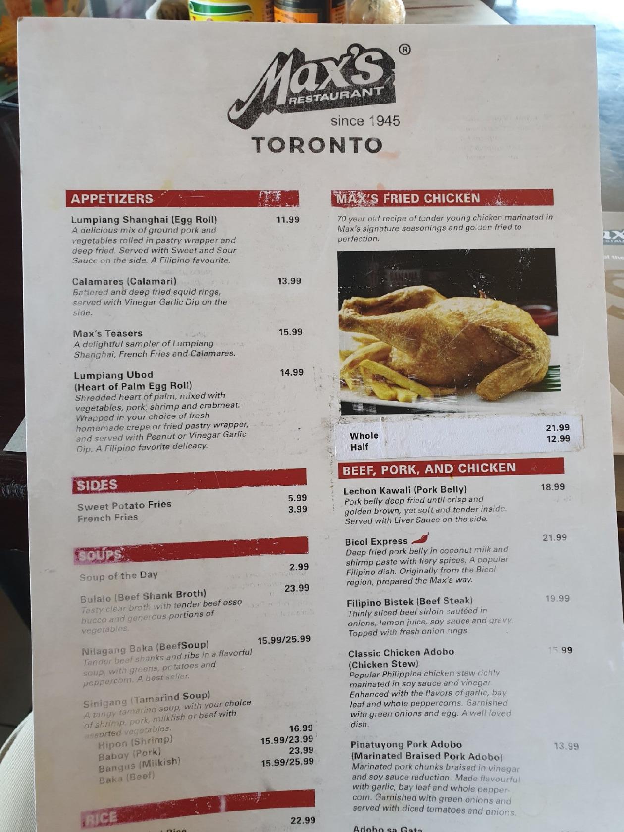 Menu at Max's Restaurant, Cuisine of the Philippines, Vaughan, Vaughan