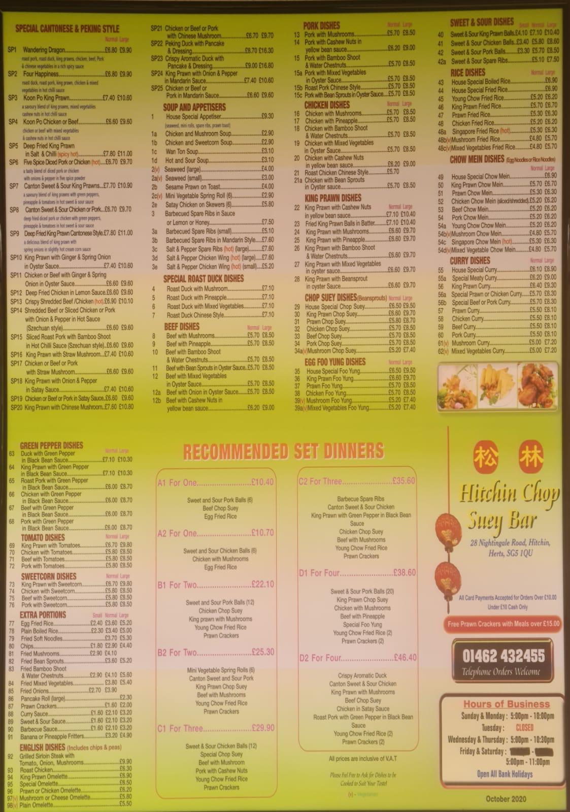 Menu at Hitchin Chop Suey Bar, Hitchin