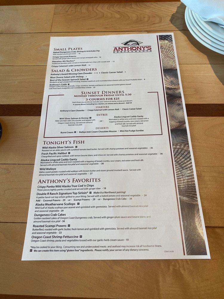 Menu at Anthony's at Coeur d'Alene restaurant, Coeur d'Alene