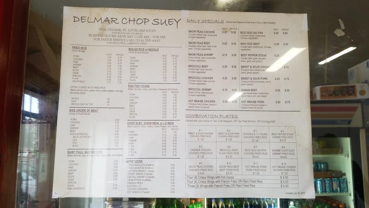 Menu at Delmar Chop Suey restaurant, St. Louis
