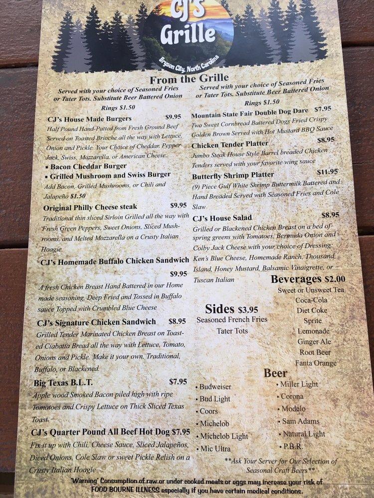 Menu at CJ's Grille pub & bar, Bryson City