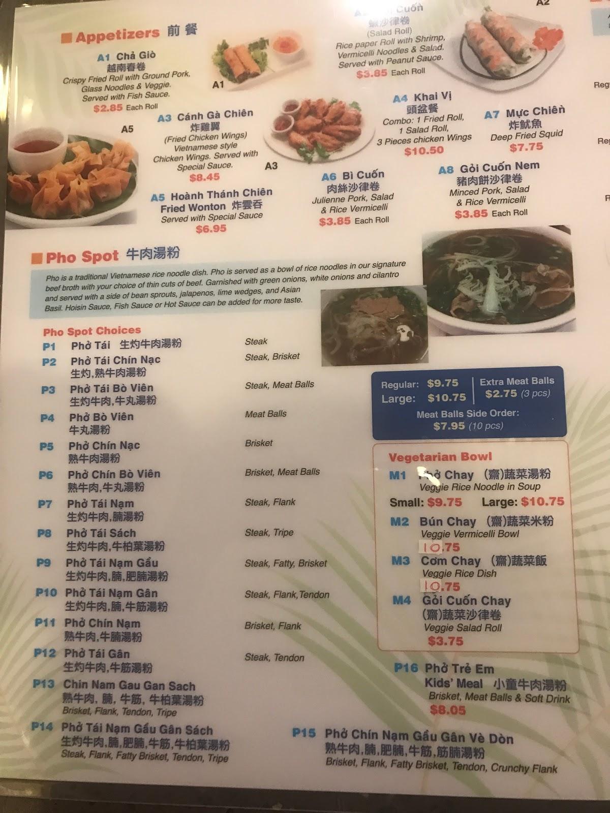 Menu at Pho Spot restaurant, North Vancouver, Lonsdale Ave