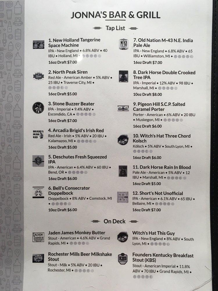 Menu at Jonna's Bar & Grill, Howell