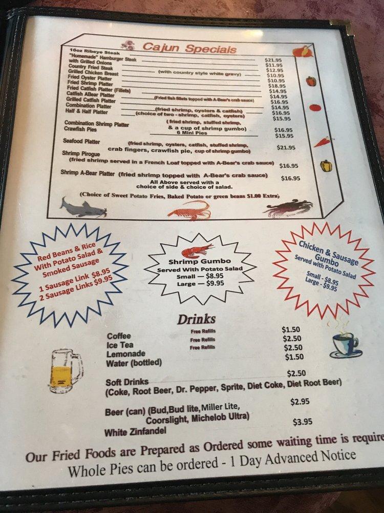 Menu at Abear's Cafe, Houma