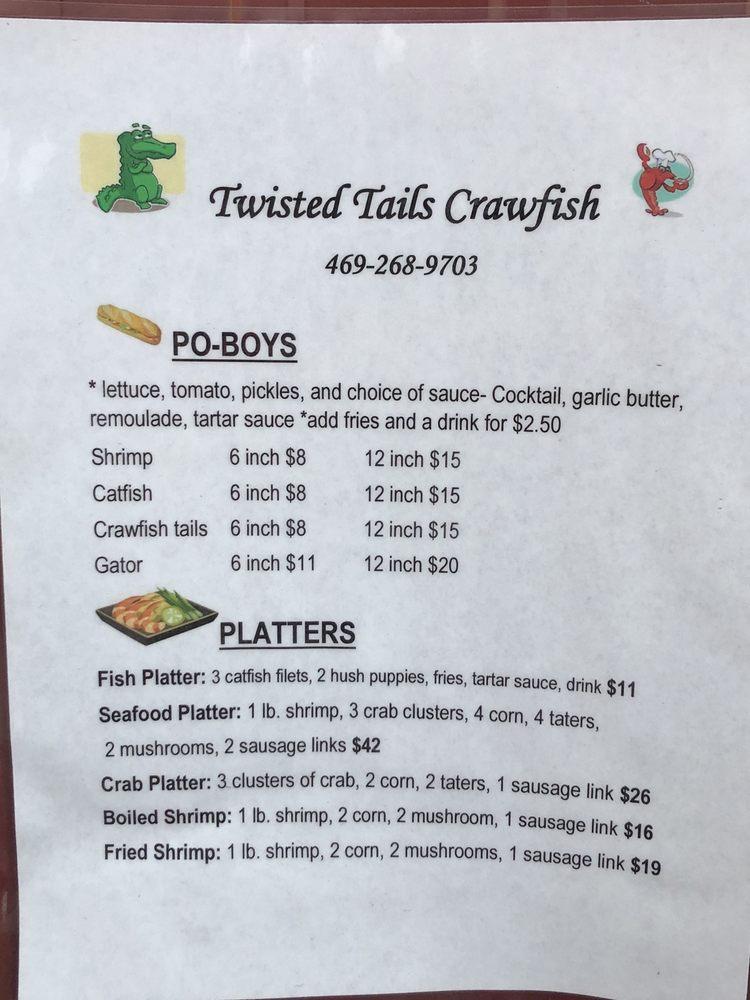 Menu at Twisted Tails Crawfish restaurant, McKinney