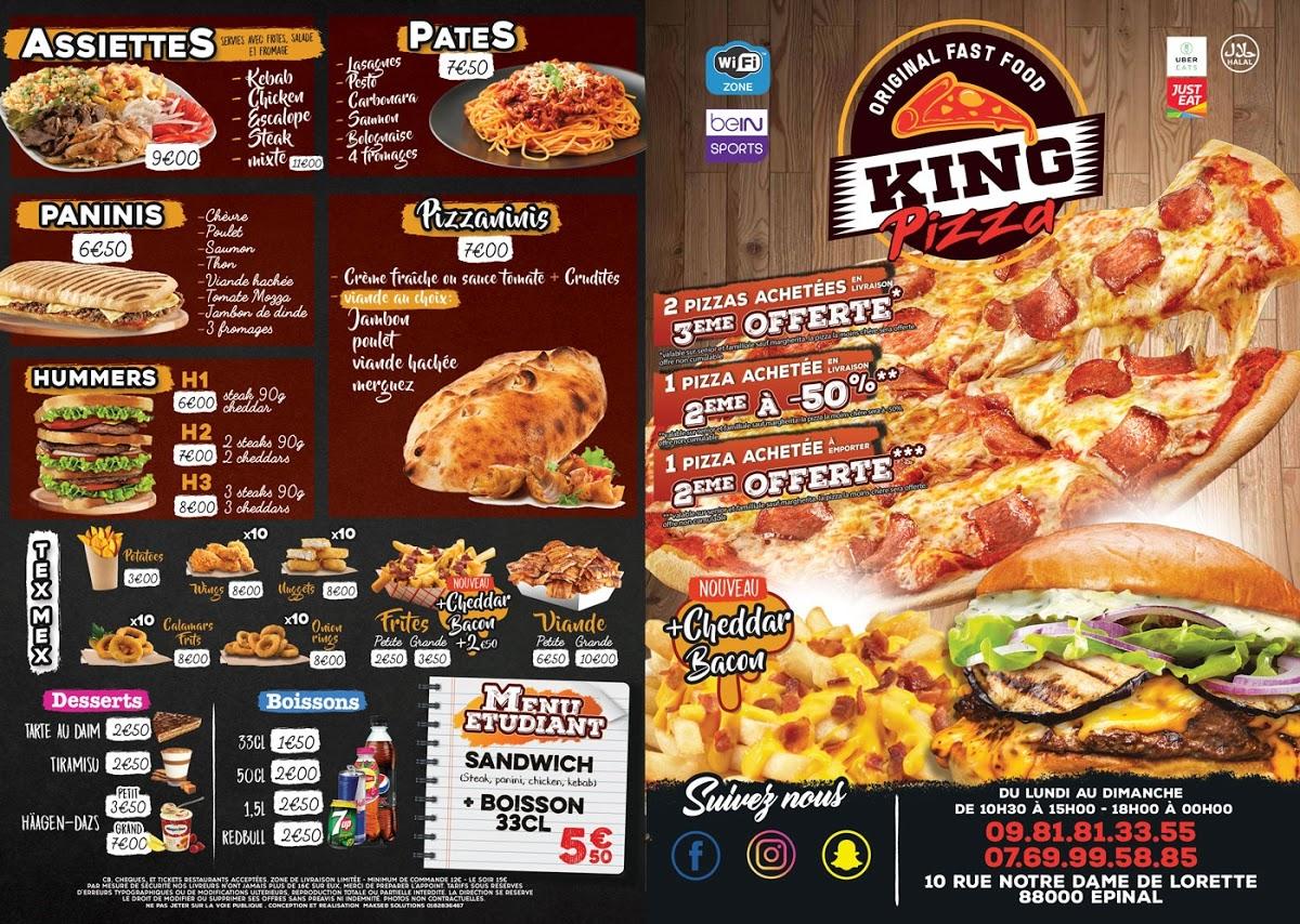 Menu at King Pizza restaurant, Épinal