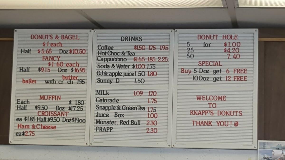 Menu at Knapp's Donut Shop, Rochester