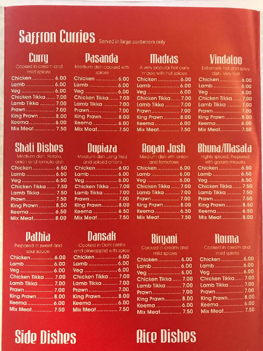 Menu at Saffron fast food, Sowerby Bridge, 21 Oldham Rd