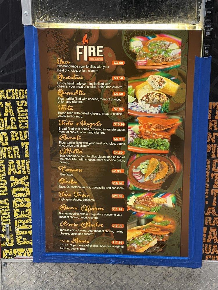 Menu at Fire Tacos de Birria restaurant, Kent
