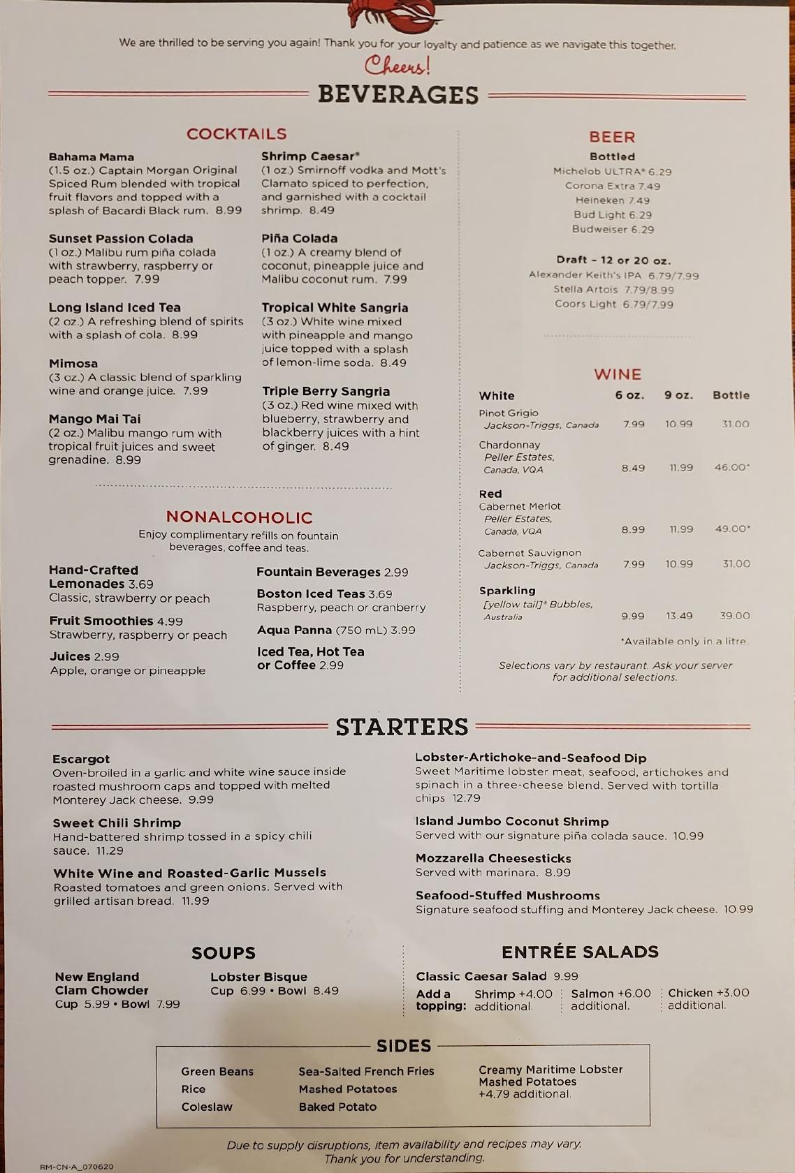 Menu au Red Lobster - Peterborough restaurant, Peterborough, 870 Lansdowne  St W