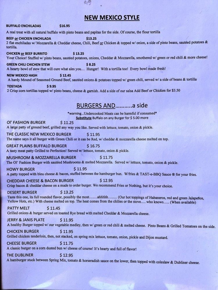 Menu at Placitas Cafe, Placitas