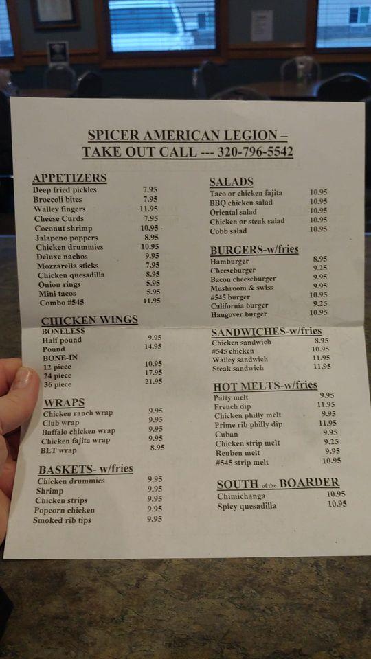 Menu at Spicer American Legion Post 545 pub & bar, Spicer