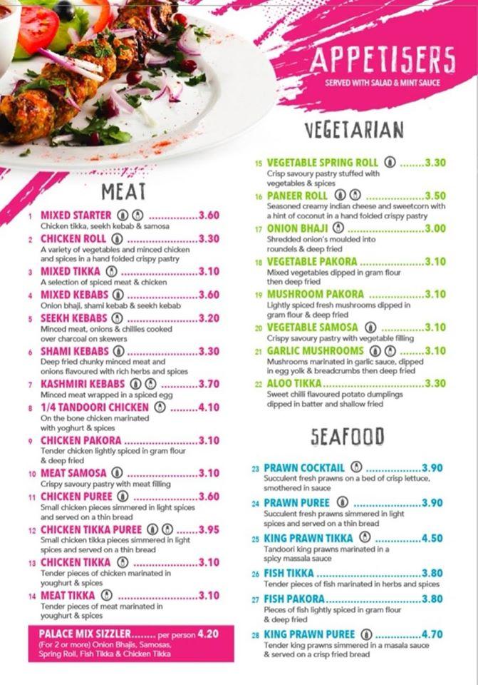 Menu at Palace Tandoori restaurant, Denby Dale
