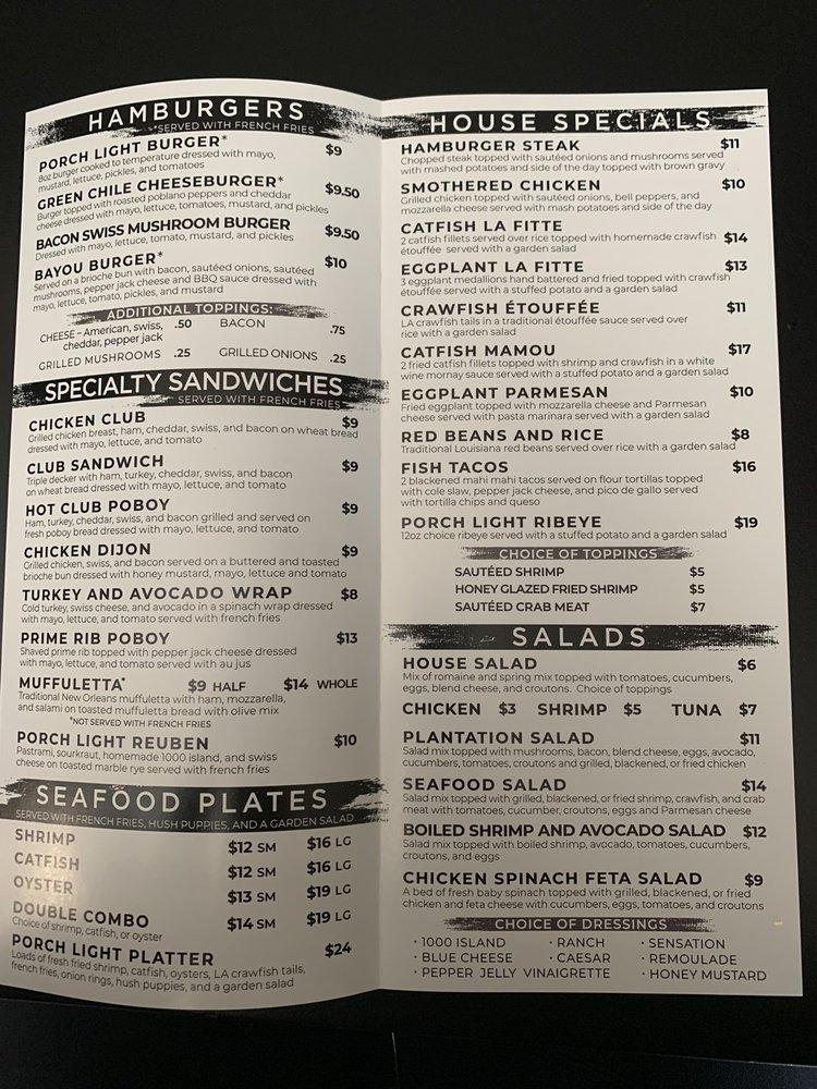 Menu at The Porch Light Grill restaurant, Prairieville