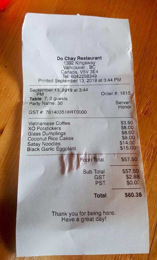 Menu at Do Chay Kingsway restaurant, Vancouver